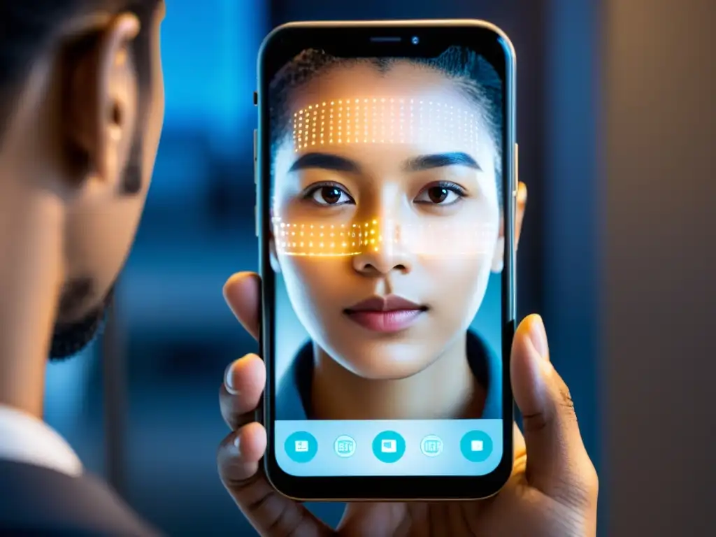 Persona usando métodos innovadores de autenticación en línea en su smartphone, con luz y sombras destacando la tecnología de reconocimiento facial