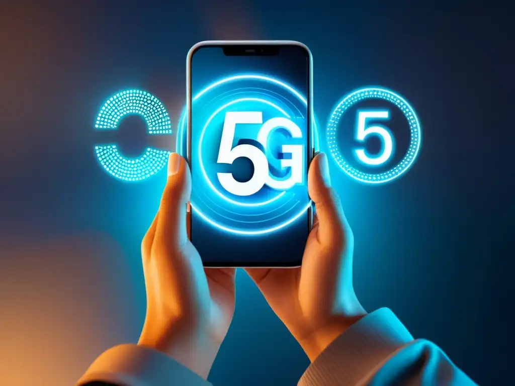 Persona con preocupación e intriga usa smartphone con icono 5G, simbolizando el impacto del 5G en privacidad y seguridad de datos