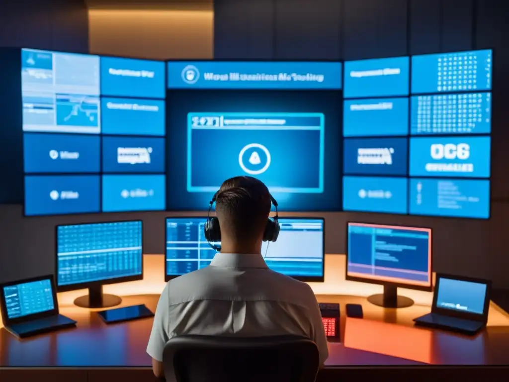 Persona preocupada frente a pantallas de vigilancia digital, rodeada por figuras corporativas sombrías