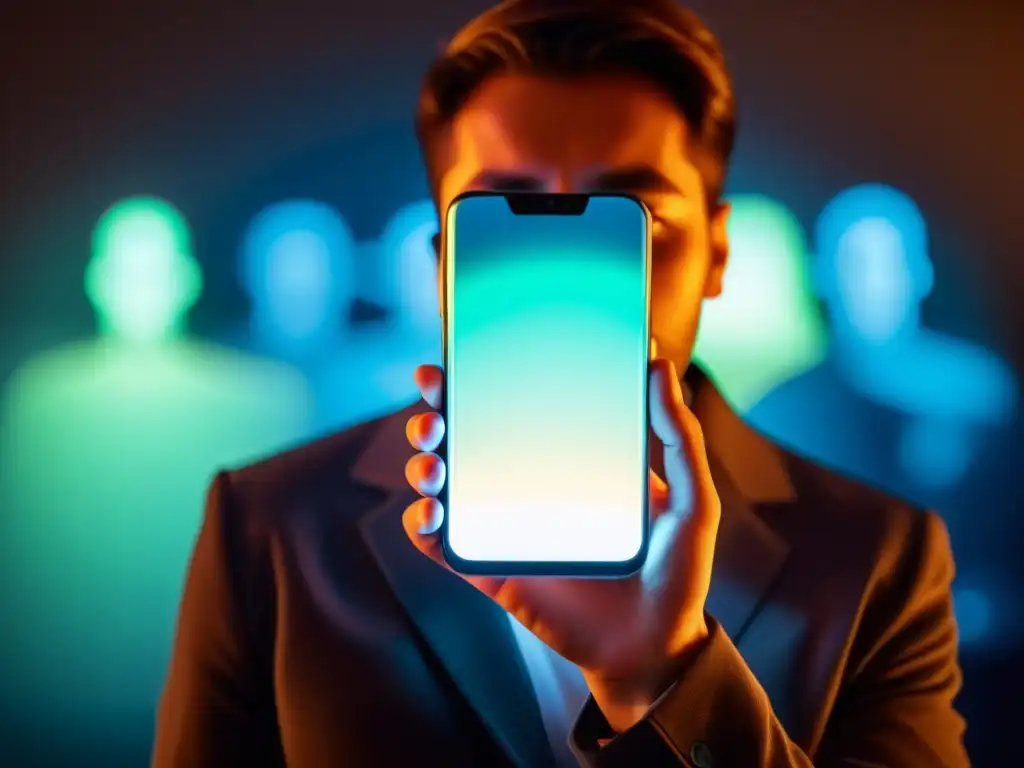 Persona preocupada sostiene smartphone iluminando su rostro, mientras sombras amenazantes representan infiltraciones en la privacidad de dispositivos móviles