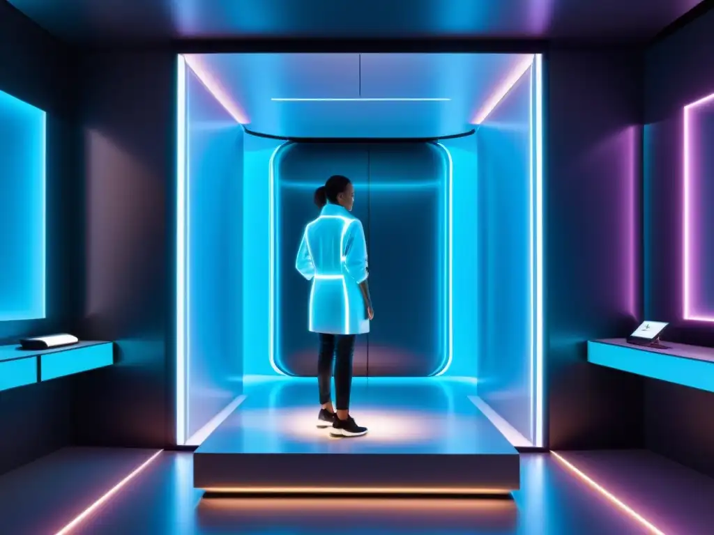 Persona usando probadores virtuales moda tecnología en habitación futurista con ropa digital detallada y luces neon suaves