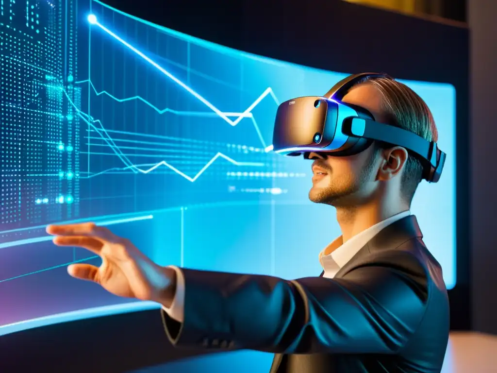 Persona usando realidad virtual manipula interfaz holográfica con datos y gráficos futuristas