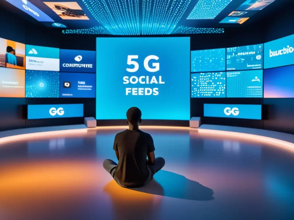 Persona reflexiva en sala futurista llena de pantallas digitales, reflejando el impacto en la salud mental del 5G