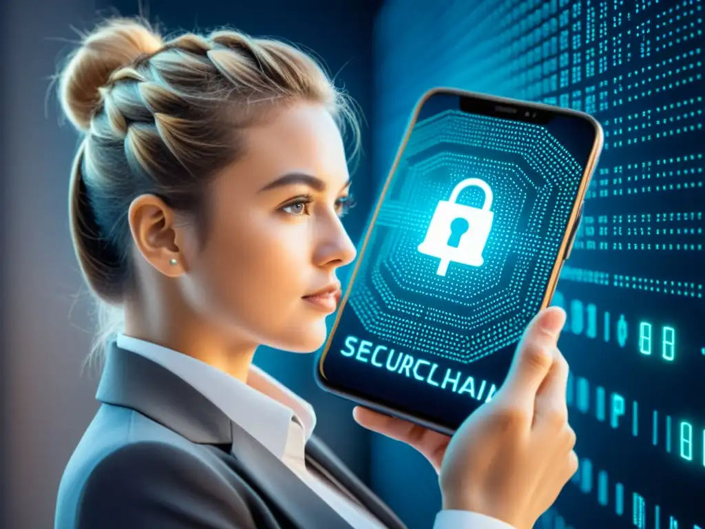 Una persona segura usando smartphone en red blockchain, con patrones de seguridad digital y datos encriptados, expresión enfocada