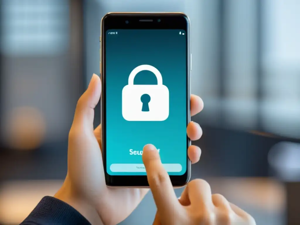 Persona usando smartphone con ícono de seguridad en pantalla, proteger datos personales en redes sociales, ambiente profesional y moderno