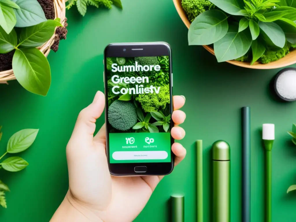 Persona usando smartphone rodeada de naturaleza y productos ecofriendly, con apps sostenibles para estilo de vida