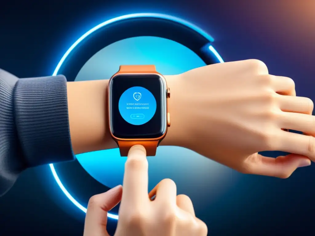 Persona con smartwatch rodeada de dispositivos wearables, destacando privacidad en dispositivos wearables en un entorno futurista y minimalista