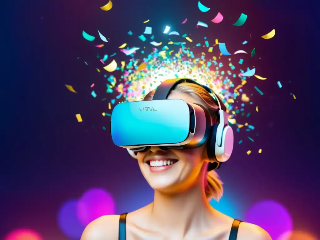 Persona sonriente usando un auricular de realidad virtual en una fiesta futurista con hologramas y confeti virtual