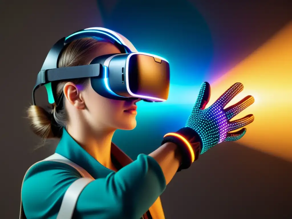 Persona explorando tecnologías emergentes haptics avanzados en un mundo virtual futurista con colores vibrantes y objetos en 3D brillantes