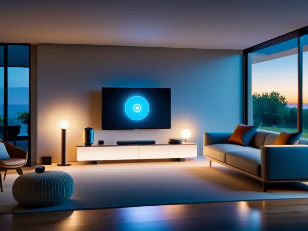 Personalización de dispositivos inteligentes IoT en un hogar moderno, con luces cálidas y ambiente acogedor