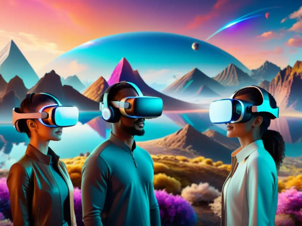 Personas con auriculares de realidad virtual inmersas en un paisaje vibrante y futurista