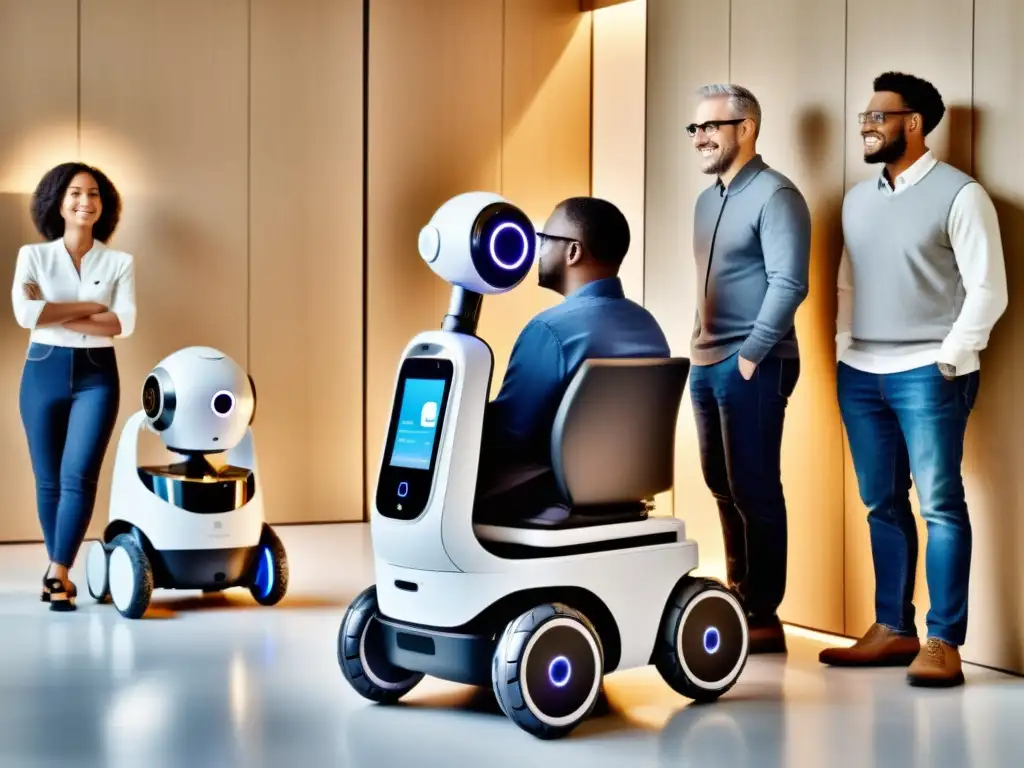 Personas diversas interactúan con robots de alta tecnología para mejorar accesibilidad en un entorno inclusivo y empoderador