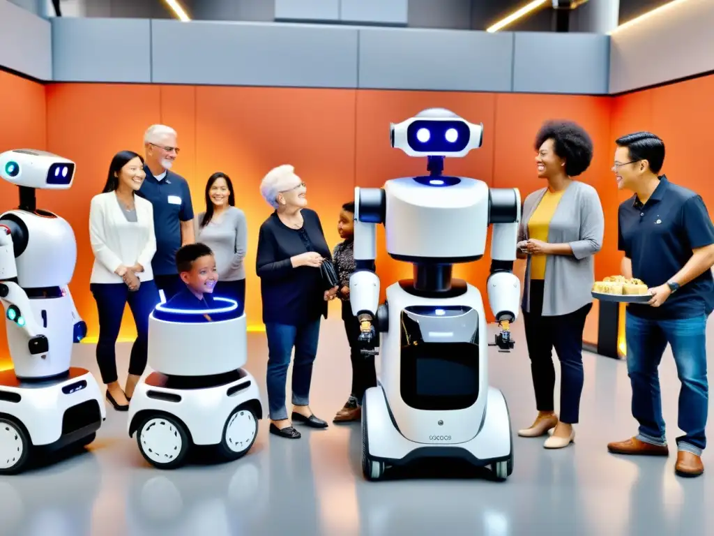 Personas diversas interactúan con robots modernos en un ambiente futurista