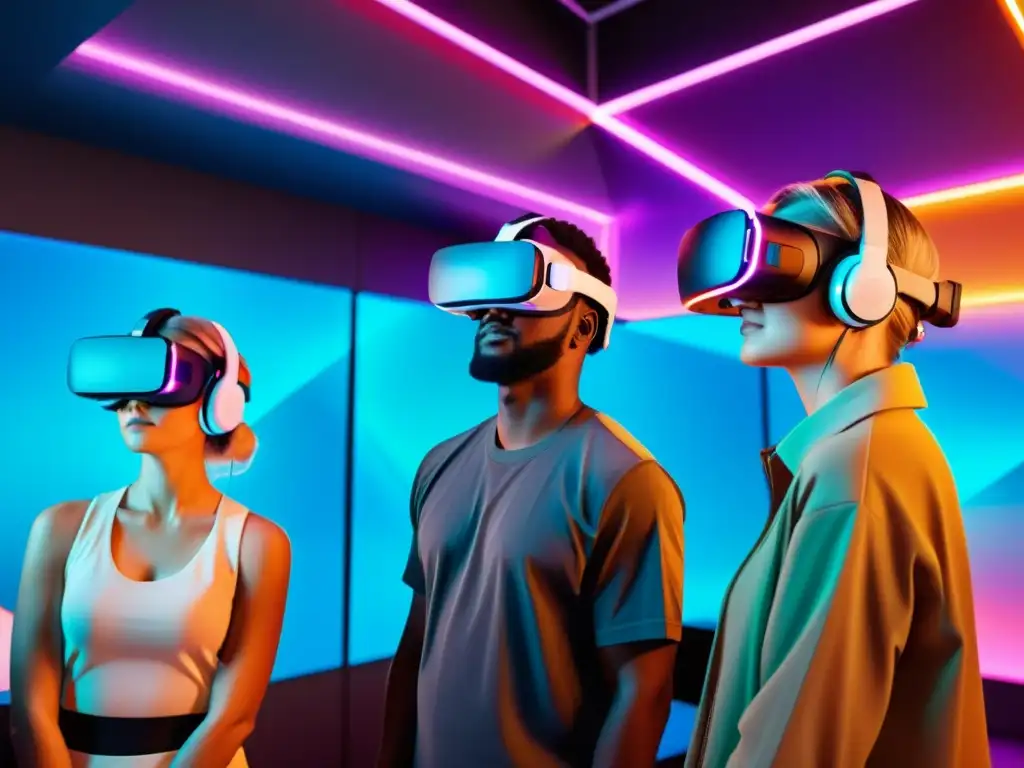 Personas de diferentes edades y géneros usando auriculares de realidad virtual, inmersos en un paisaje digital futurista con luces de neón, elementos interactivos y arquitectura futurista, destacando los beneficios de los videojuegos para habilidades cognitivas