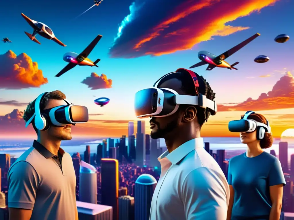 Personas disfrutando de experiencias de realidad virtual en un paisaje futurista con rascacielos, vehículos voladores y una puesta de sol asombrosa