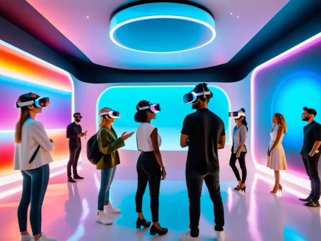 Personas explorando experiencias de realidad virtual en una sala futurista llena de luces y hologramas