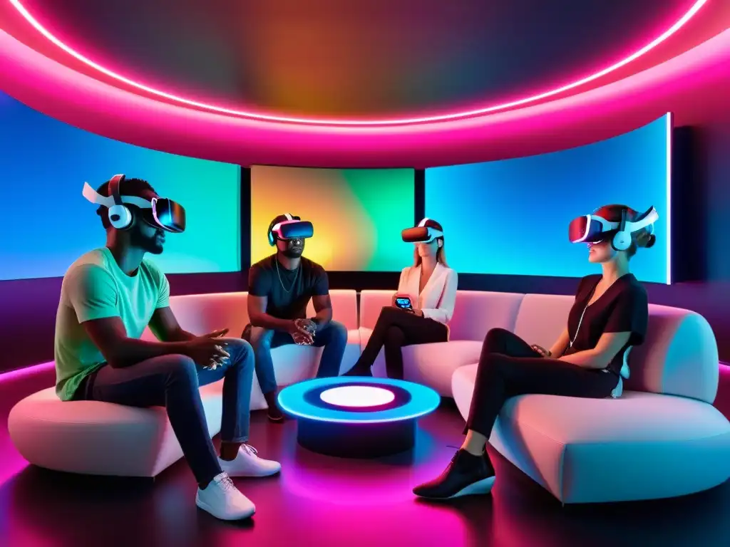 Personas inmersas en una experiencia de realidad virtual en una sala futurista, con tecnologías emergentes y entretenimiento en streaming