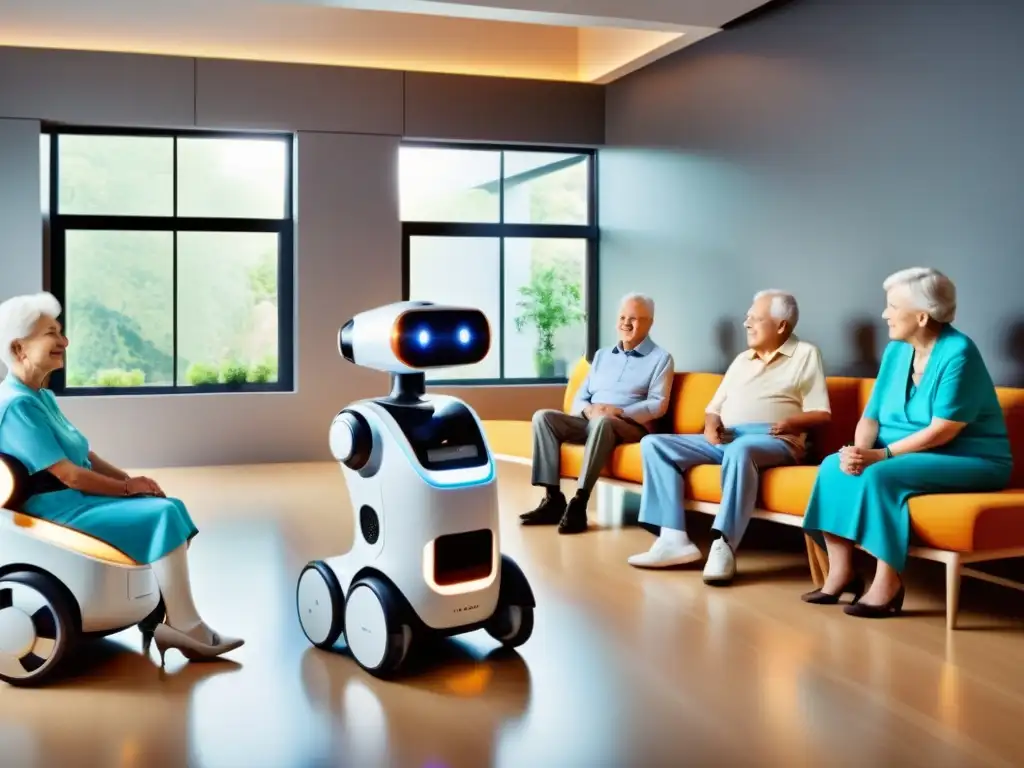 'Personas mayores conviven con robots para mejorar calidad de vida en la tercera edad en una habitación luminosa y acogedora'