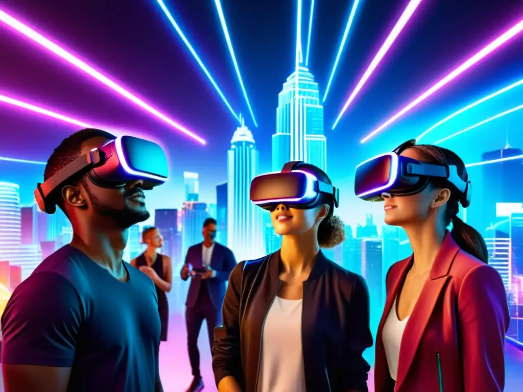 Realidad virtual 5G: Inmersión futurista en la ciudad Personas disfrutan la Realidad Virtual 5G en una ciudad futurista con luces neón, mostrando los beneficios del 5G para Realidad Virtual