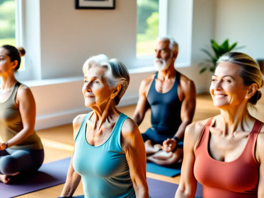 Personas de la tercera edad practican yoga en un ambiente luminoso, con dispositivos IoT modernos