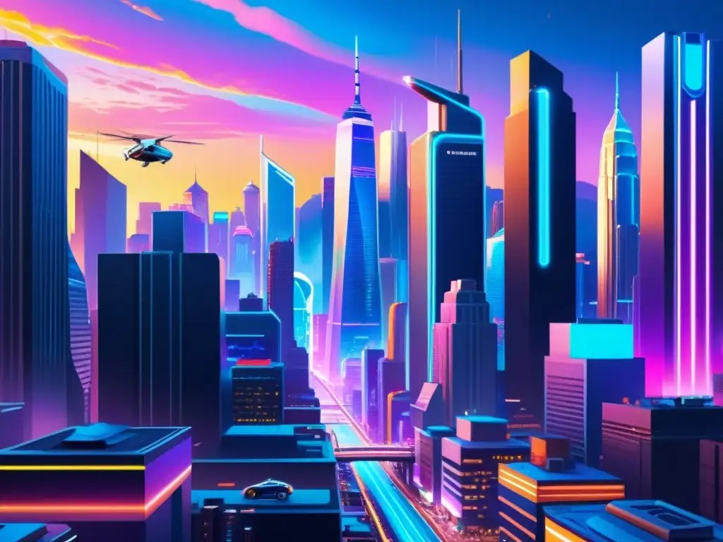 Una pintura digital hiperrealista de una ciudad futurista, con rascacielos adornados con luces de neón y vallas publicitarias holográficas