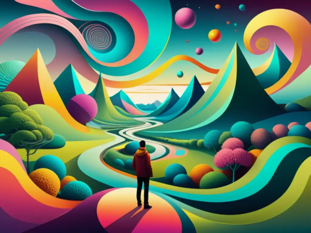 Una pintura digital surrealista que muestra la integración de la inteligencia artificial en el arte, con colores vibrantes y formas geométricas