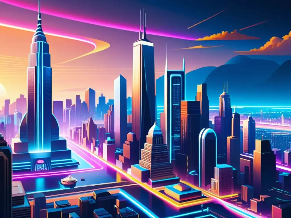 Una pintura digital ultradetallada de una ciudad futurista, con fusión de IA con técnicas artísticas en arquitectura y luces de neón