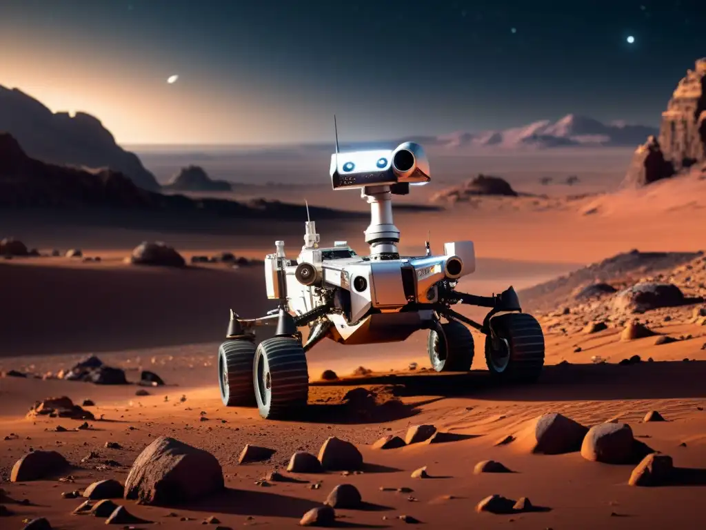 Exploración autónoma en planeta remoto con rover futurista y drones, desafíos tecnológicos emergentes en el espacio