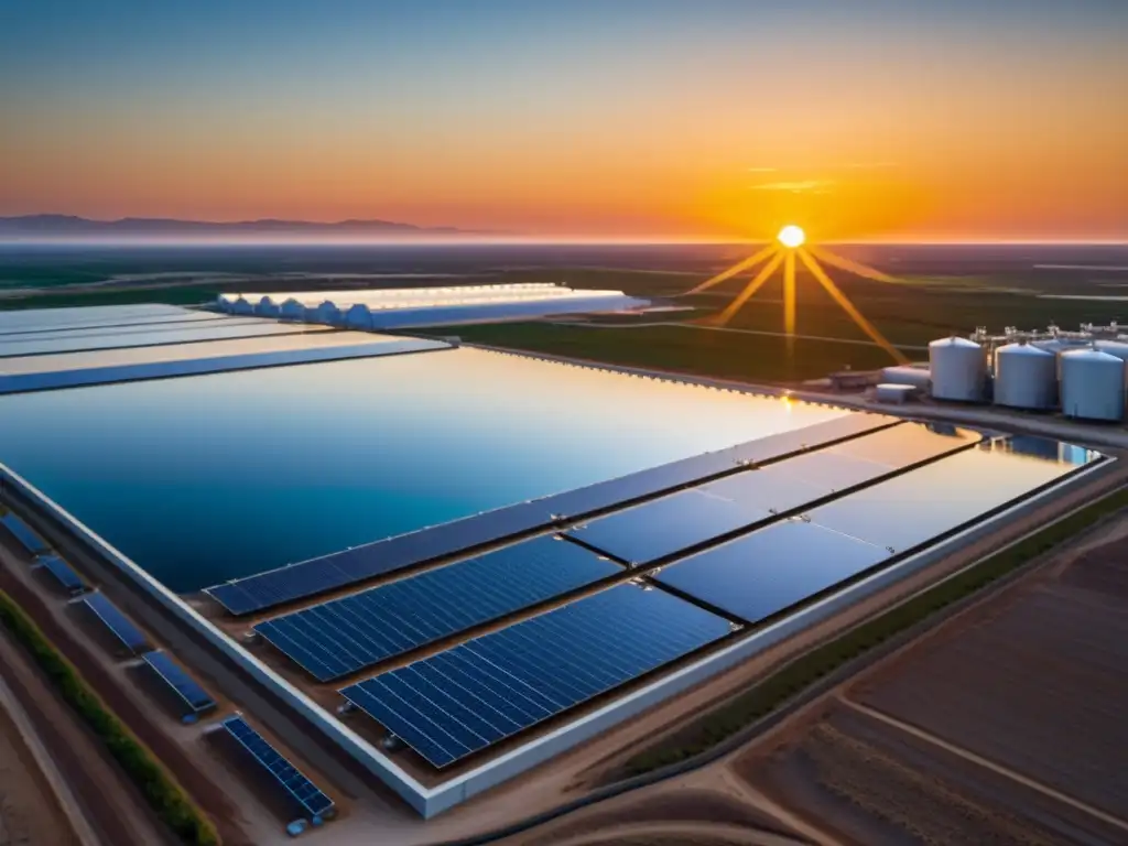 Una planta desalinizadora solar en un atardecer vibrante sobre una región con escasez de agua