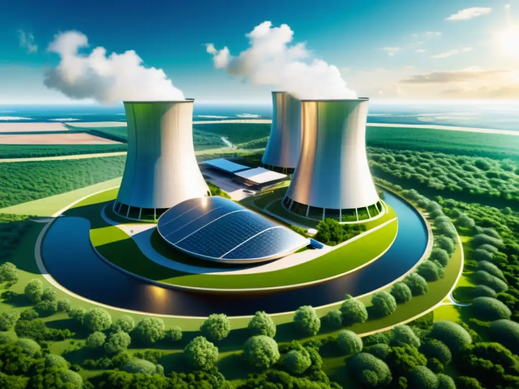 Planta de energía atómica futurista rodeada de naturaleza y fuentes de energía renovable, reflejando innovación y sostenibilidad