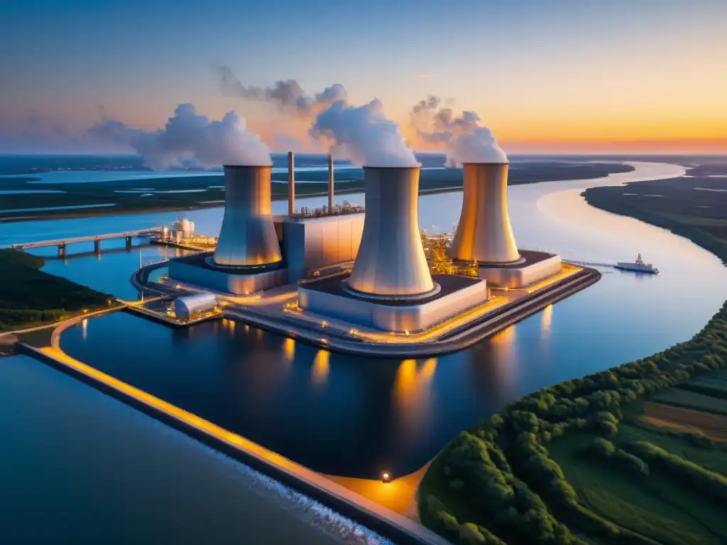 Una planta de energía osmótica de diseño moderno en armonía con la naturaleza, con el sol poniéndose sobre el río y el océano