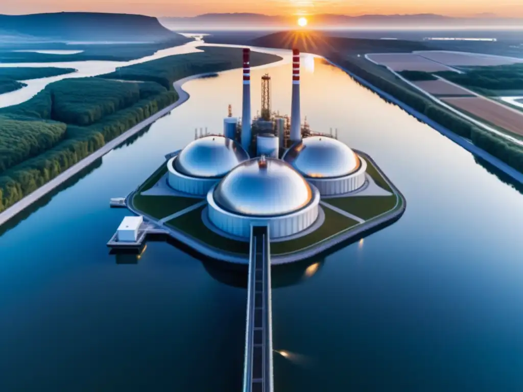 Una planta de energía osmótica futurista en armonía con la naturaleza, con el sol poniéndose en el horizonte