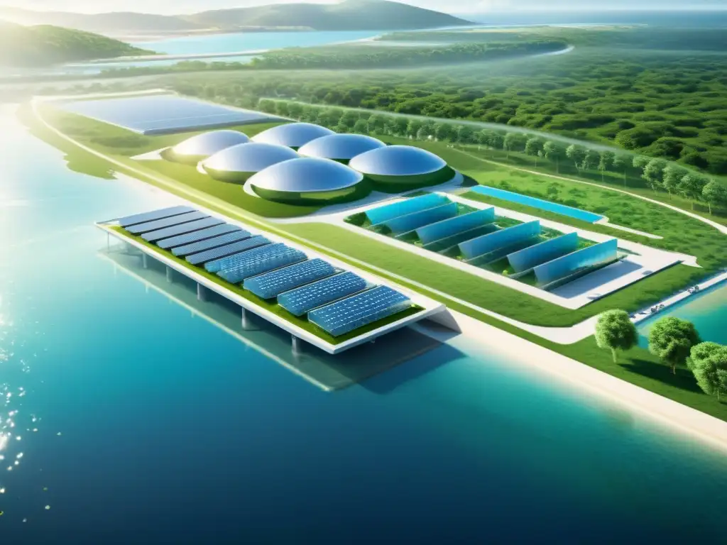 Planta de desalinización futurista con gestión del agua con inteligencia artificial, rodeada de paisajes verdes y cuerpos de agua cristalina