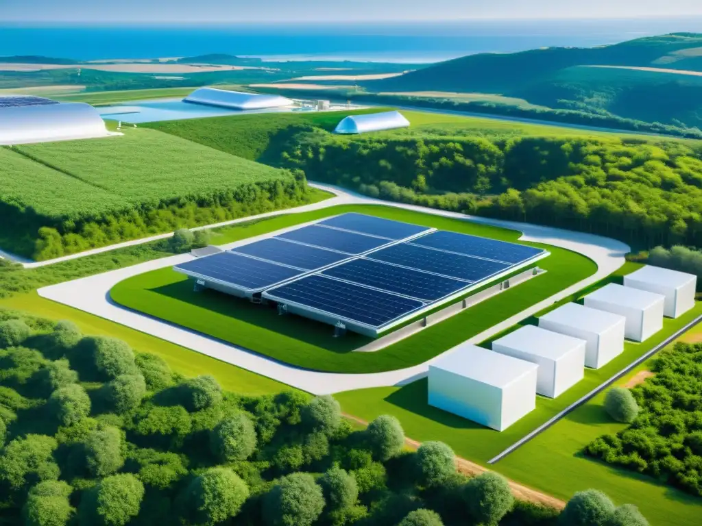 Planta de hidrógeno verde: tecnología moderna y sostenibilidad Una planta moderna de hidrógeno verde rodeada de energías renovables y vegetación exuberante, mostrando los beneficios y desafíos del hidrógeno verde