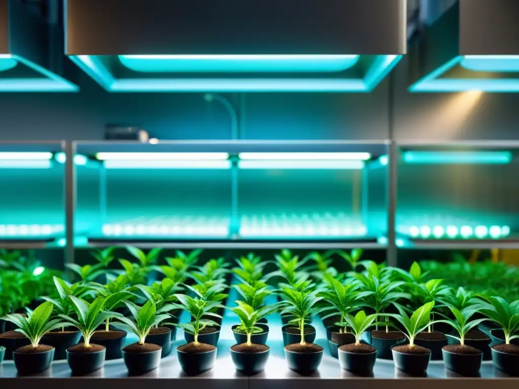 Una planta genéticamente modificada en un laboratorio agrícola futurista, rodeada de equipos biotecnológicos y bañada en una suave luz, mostrando la transformación de la agricultura mediante biotecnología