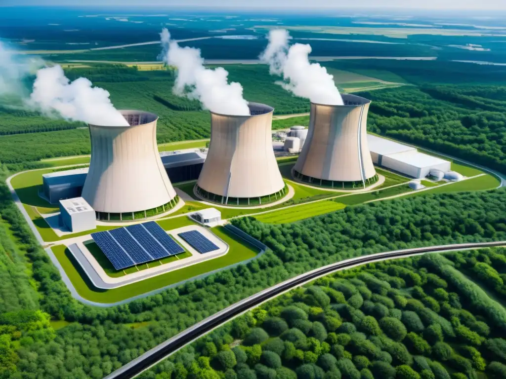 Una planta nuclear moderna rodeada de energía renovable y avanzadas medidas de seguridad, proyectando un futuro sostenible y lleno de innovación