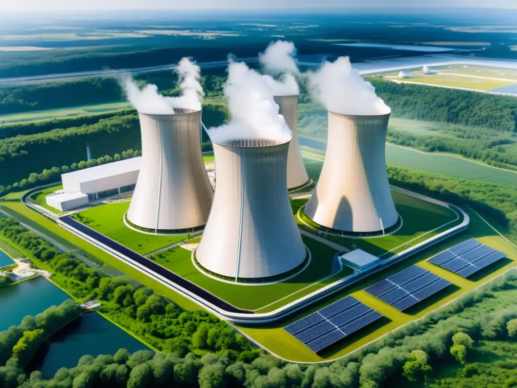 Una planta nuclear moderna rodeada de energía renovable, ingenieros trabajando, innovación y sostenibilidad