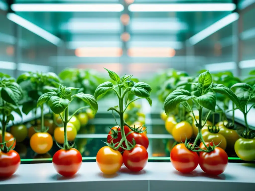 Planta de tomate genéticamente modificado en laboratorio futurista