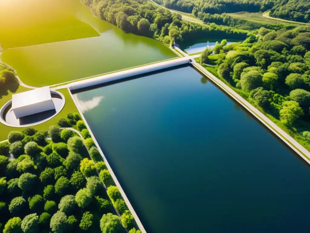 Planta de tratamiento de agua moderna en entorno natural, reflejando innovaciones en gestión sostenible de recursos hídricos