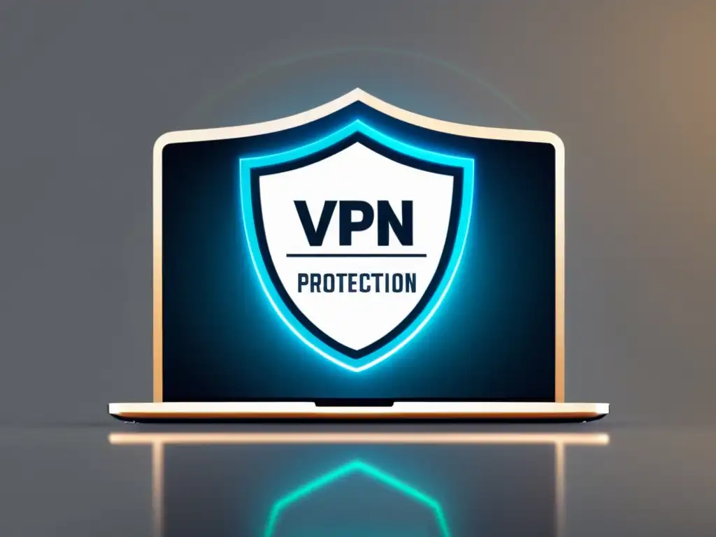 Un portátil moderno muestra el logotipo de un VPN en pantalla, rodeado de un escudo digital, evocando protección de identidad en línea con VPNs