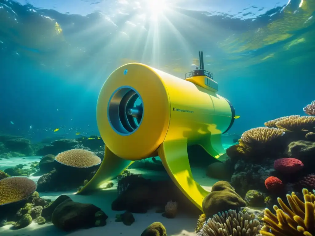 Potencial y desafíos energía mareomotriz: Ecosistema submarino vibrante con una turbina de energía mareomotriz integrada armoniosamente