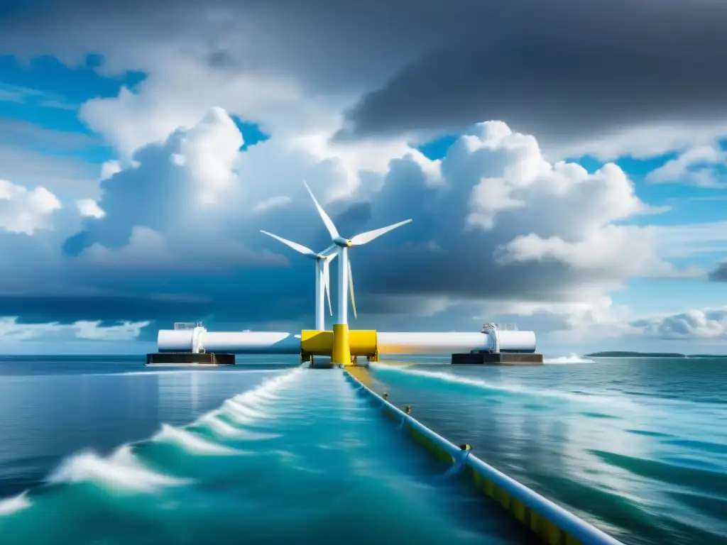 Potencial energía de mareas en un paisaje costero, con turbinas futuristas y poder natural impresionante