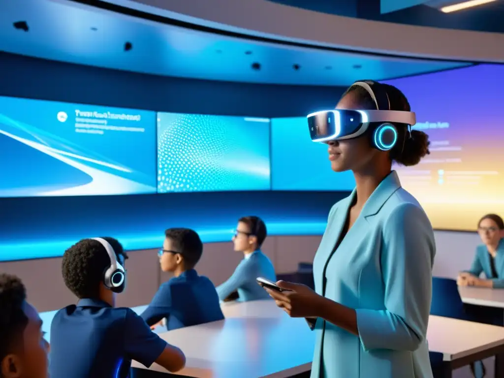 Clase futurista con tecnología 5G y realidad aumentada Potencial transformador 5G educación distancia: Aula futurista con tecnología holográfica, estudiantes con AR y conectividad digital