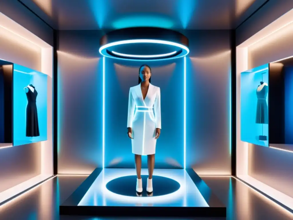 Probadores virtuales moda tecnología: Experiencia virtual de moda futurista en una sala con interfaz holográfica y prendas hiperrealistas