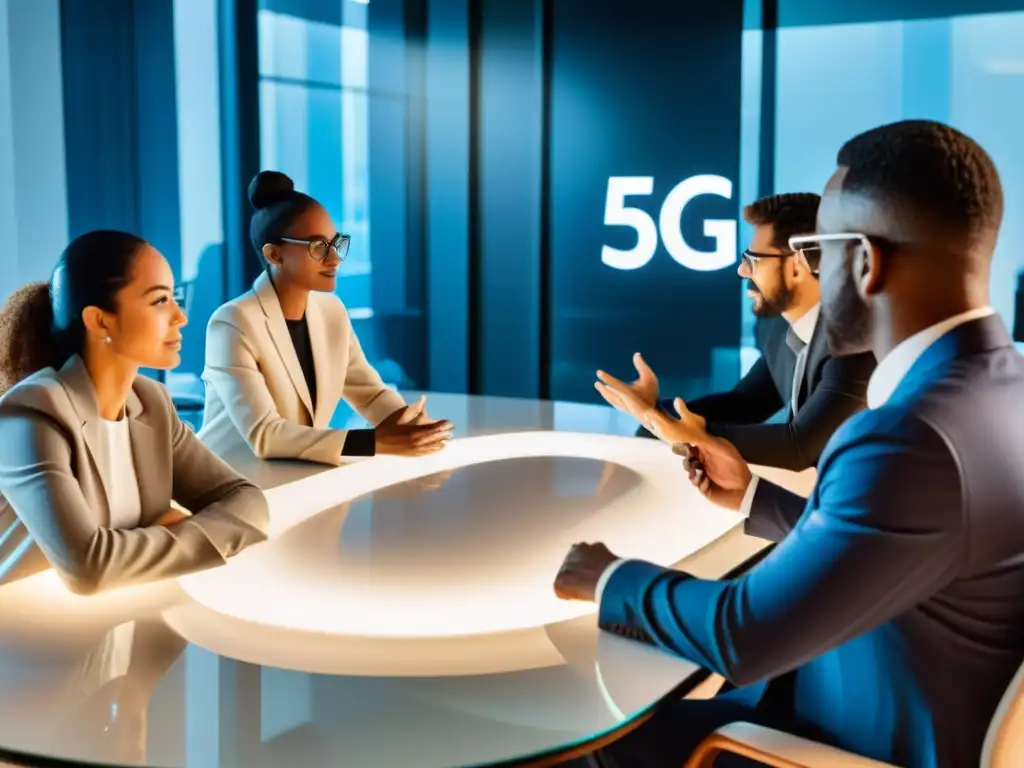 Profesionales colaboran en una animada discusión sobre los riesgos de seguridad en 5G, en una sala iluminada por luz natural