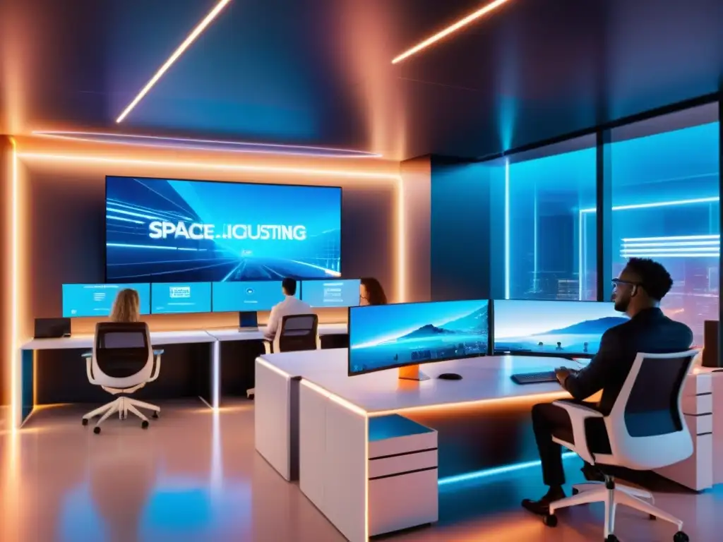 Profesionales colaborando en un espacio de oficina futurista con tecnología avanzada y ambiente innovador