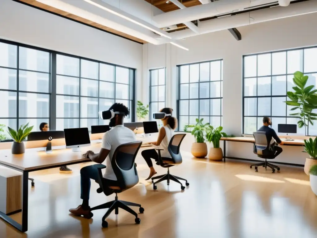 Profesionales colaborando en un espacio de oficina moderno, con ergonomía virtual en espacios de trabajo y tecnología de realidad virtual