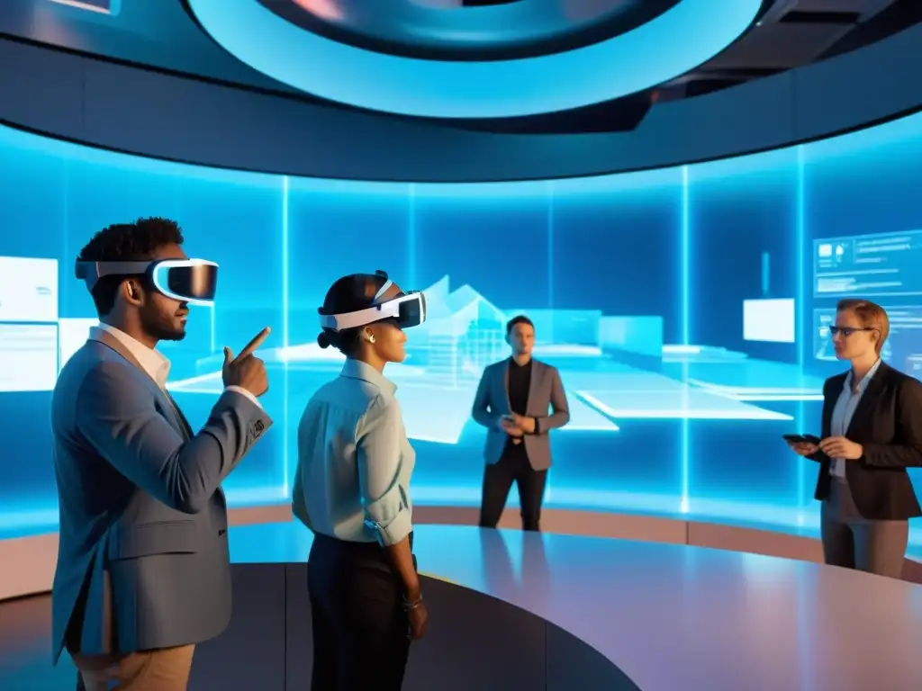 Profesionales inmersos en experiencias inmersivas en conferencia AR, interactuando con hologramas en sala futurista iluminada en azul