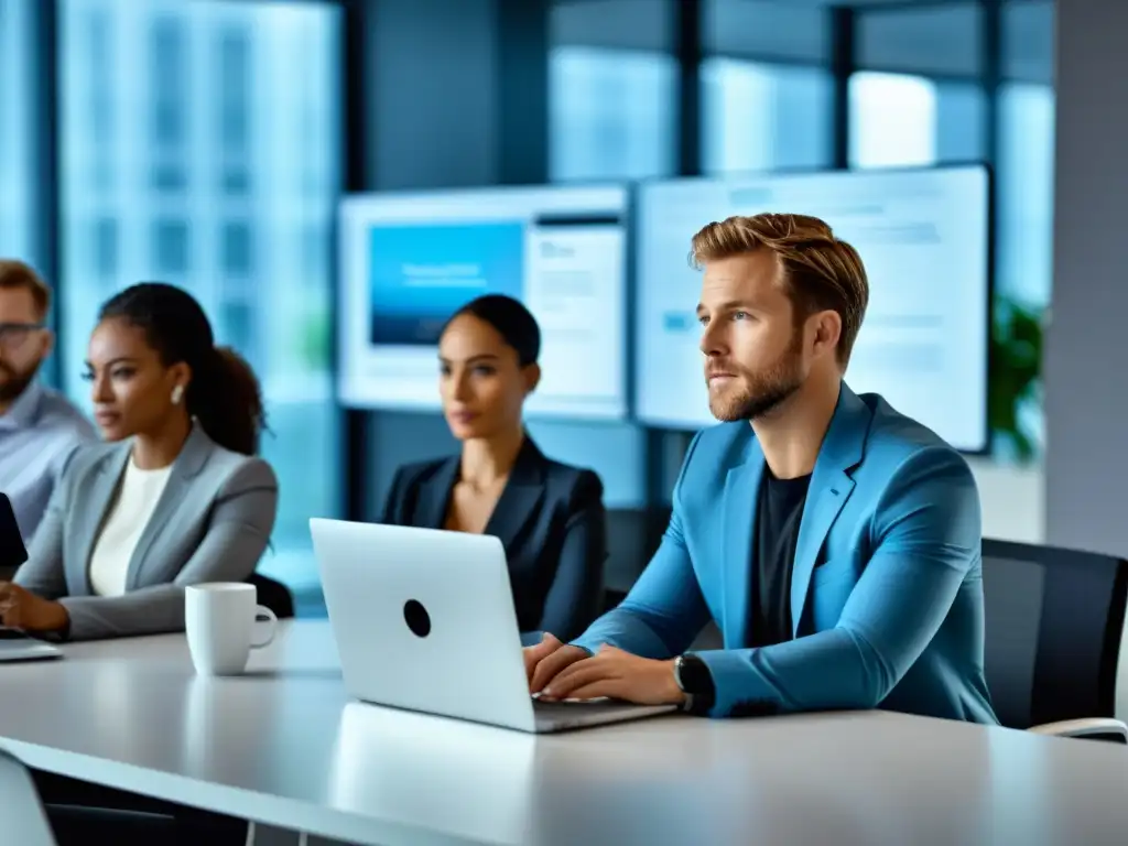 Profesionales en reunión en una oficina moderna, con un individuo manipulando sutilmente la conversación para acceder a información en pantalla