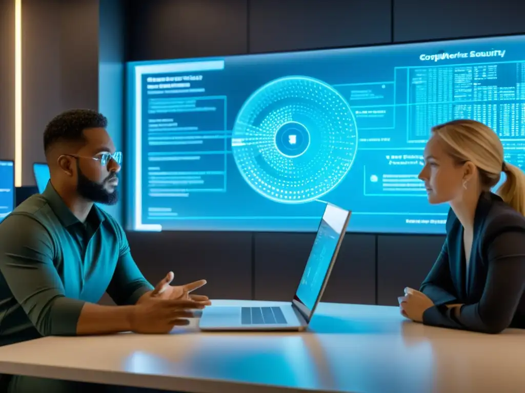 Profesionales de seguridad analizan visualizaciones de datos en el Modelo de seguridad Zero Trust, mostrando colaboración y tecnología avanzada